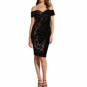 Bardot Cocktail Dress Sequins & Velvet, Off the Shoulder, Midi length, Black